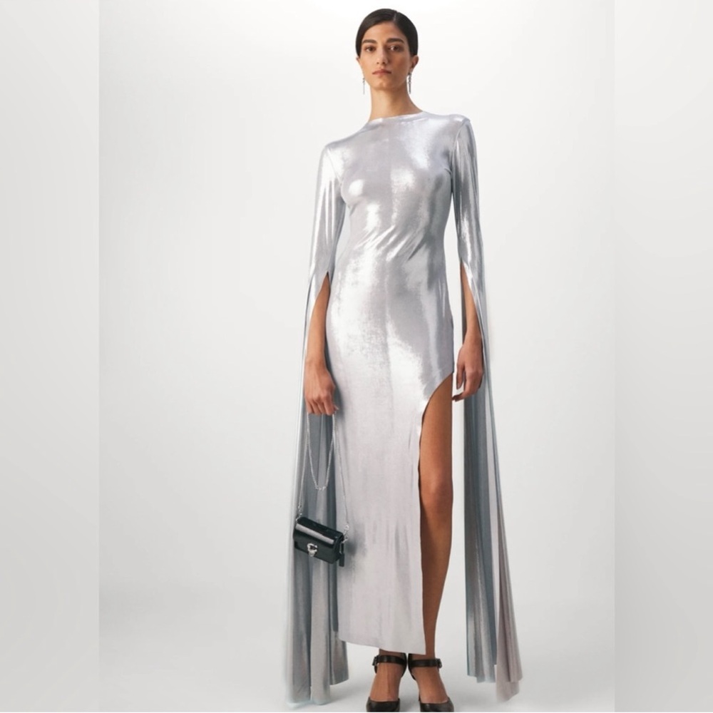 NWT Norma Kamali Open Back Ribbon Sleeve Wide Slit Gown in Silver, Size S